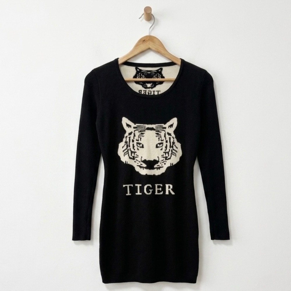 Y2K Cyber Grunge Tiger Graphic Knit Long Sleeve Top Micro Dress Indie Sleaze